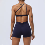 Buddha Stones 2Pcs Backless Asymmetrical Design Top Bra Shorts Leggings Pants Fitness Yoga Outfit Set