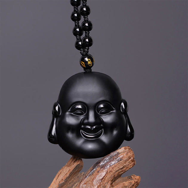 Buddha Stones Natural Black Obsidian Laughing Buddha