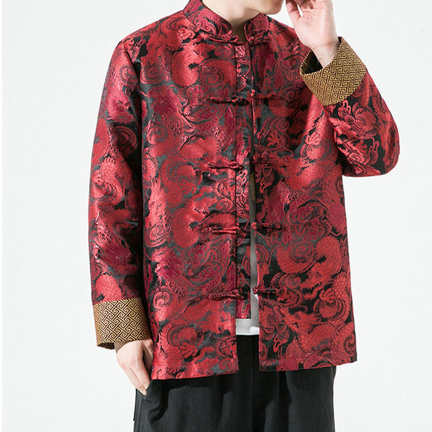 Buddha Stones Chinese Dragon Frog-button Tang Suit Cotton Men's Jacket 