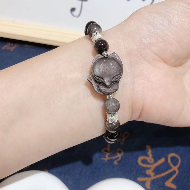 Buddha Stones Natural Silver Sheen Obsidian Nine Tailed Fox
