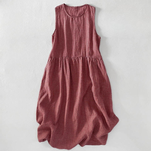 Buddha Stones Casual Plain Handmade Plaid Midi Dress Cotton Sleeveless Dress With Pockets, DimGray / US14,UK/AU18,EU46 (2XL)