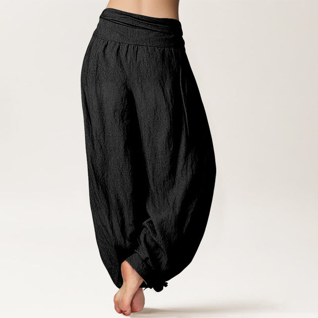 Buddha Stones Plain Om Symbol Pattern Women's Elastic Waist Harem Pure Cotton Pants