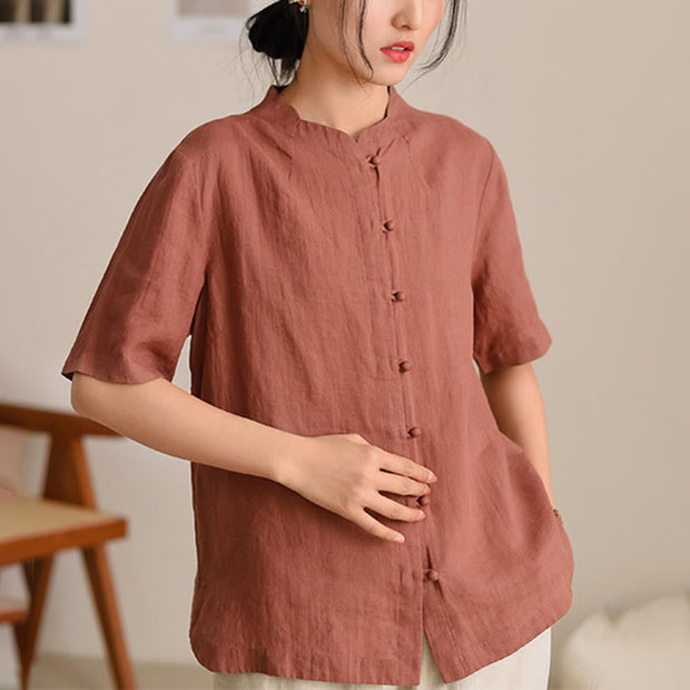 Buddha Stones Ramie Solid Color Buttons Half Sleeve Top Loose Tee T-shirt