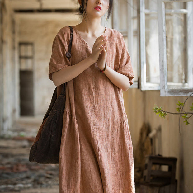 Buddha Stones Handmade Tie Dye V-Neck Midi Dress Linen Short Sleeve Dress
