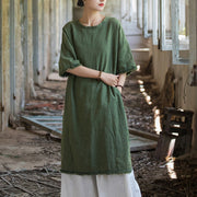 Buddha Stones Mid Length Dress Ramie Linen Half Sleeve Split Hem Top