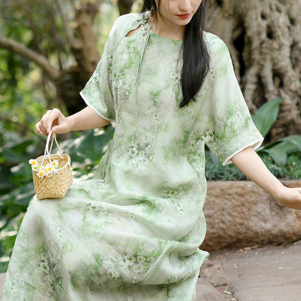 Buddha Stones Pink Green Flowers Print Cheongsam Midi Dress Ramie Half Sleeve Dress