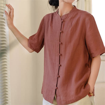 Buddha Stones Ramie Solid Color Buttons Half Sleeve Top Loose Tee T-shirt
