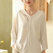 Buddha Stones Solid Color Cotton Embroidery Top Loose Tee T-shirt