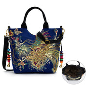 Buddha Stones Peacock Double-sided Embroidery Tote Bag Shoulder Bag Crossbody Bag