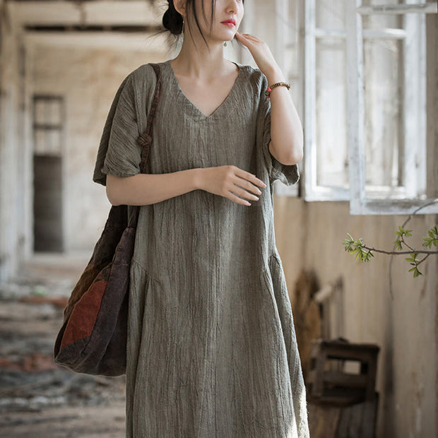 Buddha Stones Handmade Tie Dye V-Neck Midi Dress Linen Short Sleeve Dress