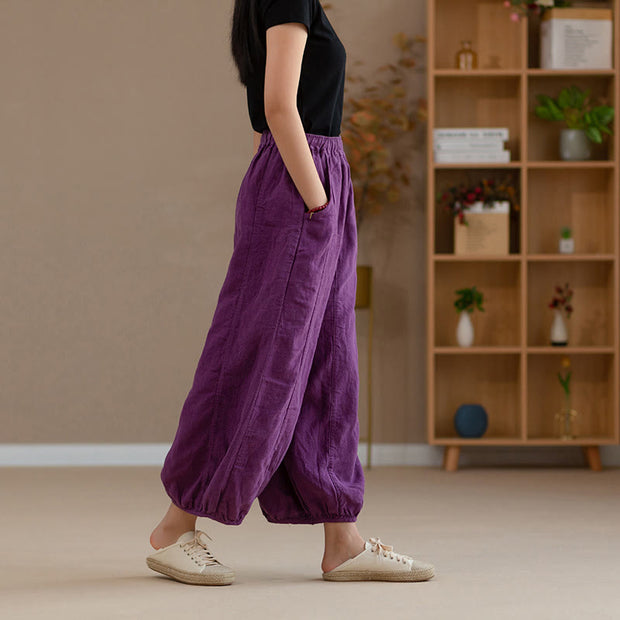Buddha Stones Ramie Linen Flexible Waistband Yoga Harem Pants With Pockets