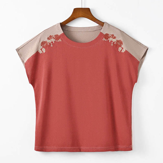 Buddha Stones Embroidery Stitching Short Sleeve Top Loose Tee T-shirt
