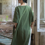 Buddha Stones Mid Length Dress Ramie Linen Half Sleeve Split Hem Top