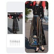 Buddha Stones Long Sleeve T-Shirt Top Tee Chinese Hanfu Embroidery Colorful Peony Flowers Horse Face Skirt Mamianqun