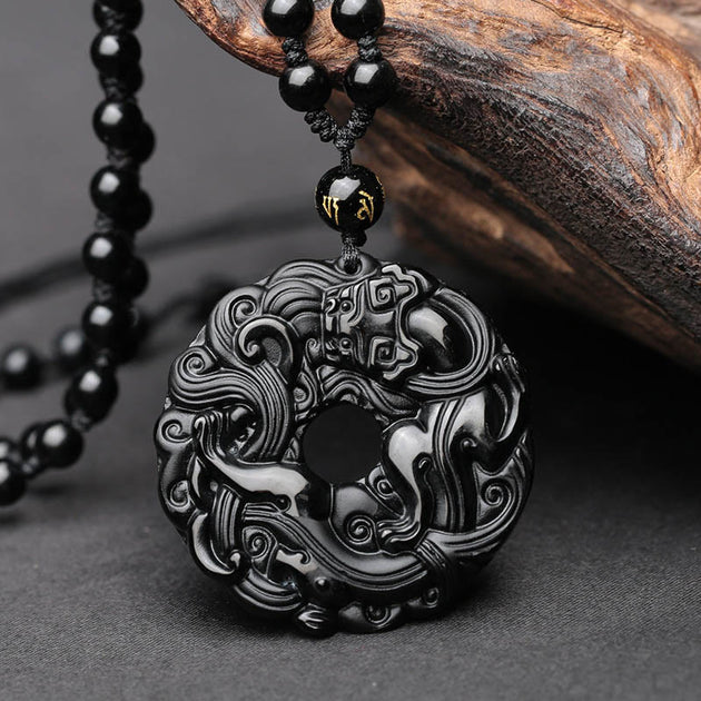 Buddha Stones Natural Black Obsidian Peace Buckle Pixiu