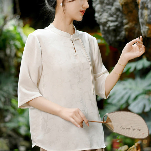 Buddha Stones Peony Flower Jacquard Buttons Half Sleeve Top Loose Tee T-shirt