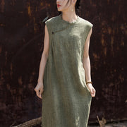 Buddha Stones Handmade Tie Dye Midi Dress Linen Sleeveless Dress