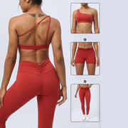 Buddha Stones 2Pcs Backless Asymmetrical Design Top Bra Shorts Leggings Pants Fitness Yoga Outfit Set