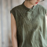Buddha Stones Handmade Tie Dye Ramie Linen Frog-Button Sleeveless T-shirt