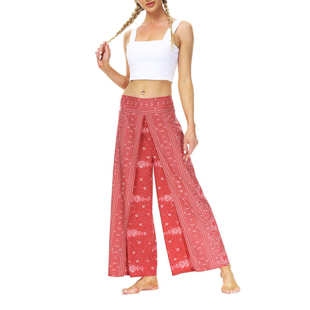 Buddha Stones Boho Geometric Feather Split Thigh Wide Leg Pants Sports 