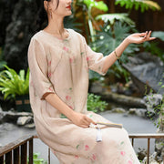 Buddha Stones Lotus Flower Leaves Print Cheongsam Midi Dress Ramie Linen Half Sleeve Dress With Pockets