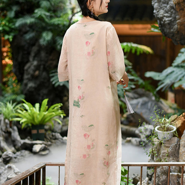Buddha Stones Lotus Flower Leaves Print Cheongsam Midi Dress Ramie Linen Half Sleeve Dress With Pockets