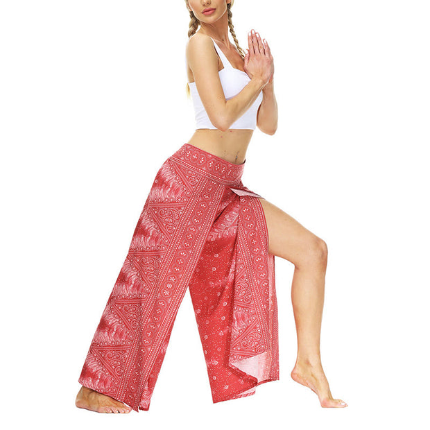 Buddha Stones Boho Geometric Feather Split Thigh Wide Leg Pants Sports Fitness Dance Women's Yoga Pants