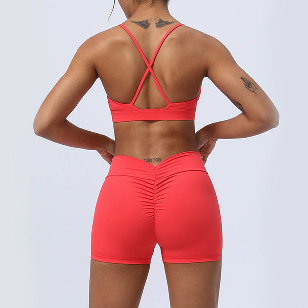 Buddha Stones 2Pcs Backless Criss-Cross Strap Design Top Bra Shorts Leggings Pants Fitness Yoga Outfit Set