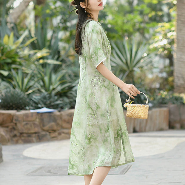 Buddha Stones Pink Green Flowers Print Cheongsam Midi Dress Ramie Half Sleeve Dress
