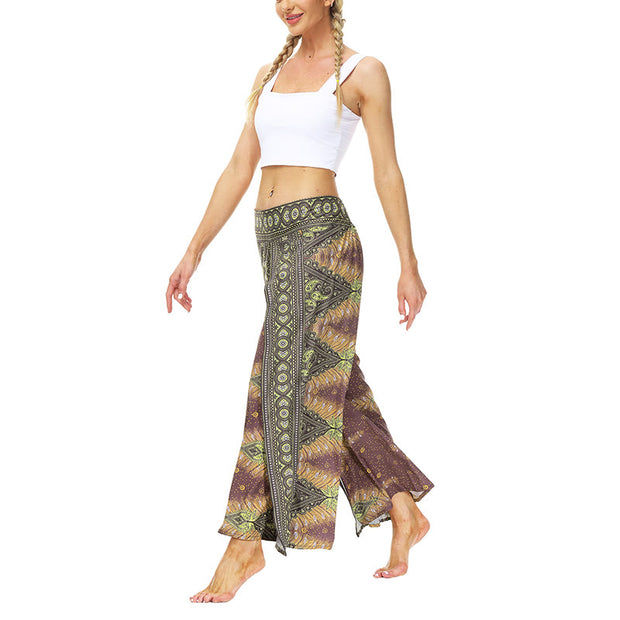 Buddha Stones Boho Geometric Feather Split Thigh Wide Leg Pants Sports Fitness Dance Women's Yoga Pants