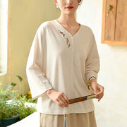 Buddha Stones Solid Color Cotton Embroidery Top Loose Tee T-shirt