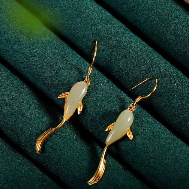 fish lure earrings Fish Pattern Jade Luck Dangle Drop Earrings