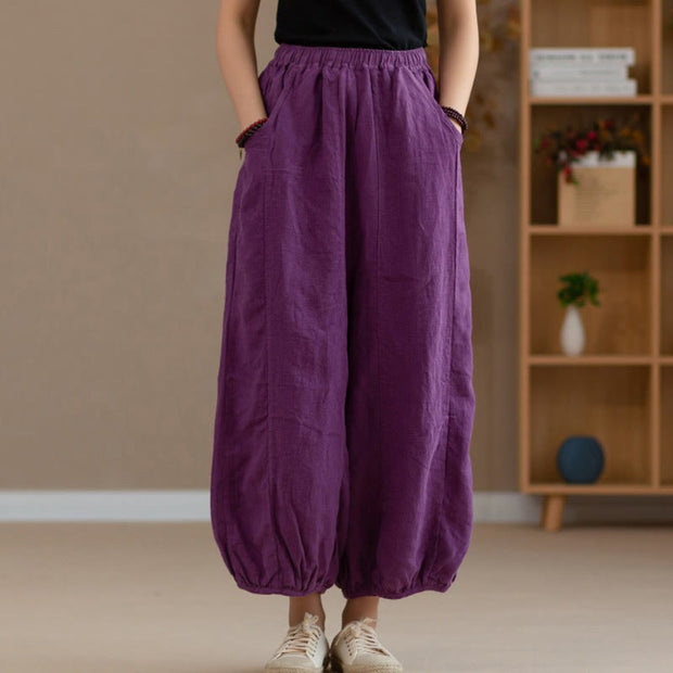 Buddha Stones Ramie Linen Flexible Waistband Yoga Harem Pants With Pockets