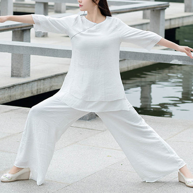 Buddha Stones 2Pcs Simple Design White Top Pants Meditation Yoga Zen Tai Chi Cotton Linen Clothing Women's Set