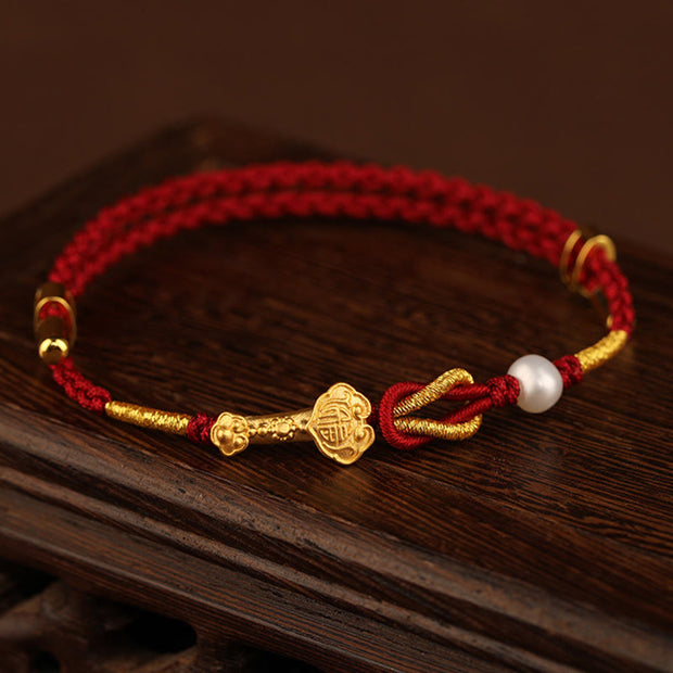 Buddha Stones 24K Gold Wish Ruyi Handle Fu Character Rabbit Pearl Luck Braided Bracelet