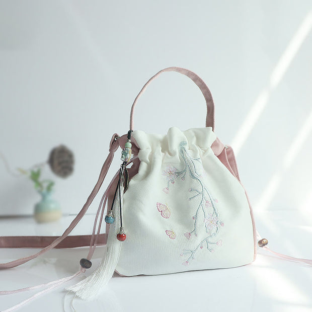 Buddha Stones Handmade Embroidered Flowers Canvas Tote Shoulder Bag Handbag Bag BS Pink White Cherry Blossom
