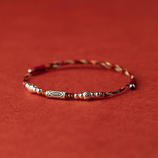 Buddha Stones 925 Sterling Silver Luck Koi Fish Braided Colorful String Bracelet Anklet Bracelet BS 1