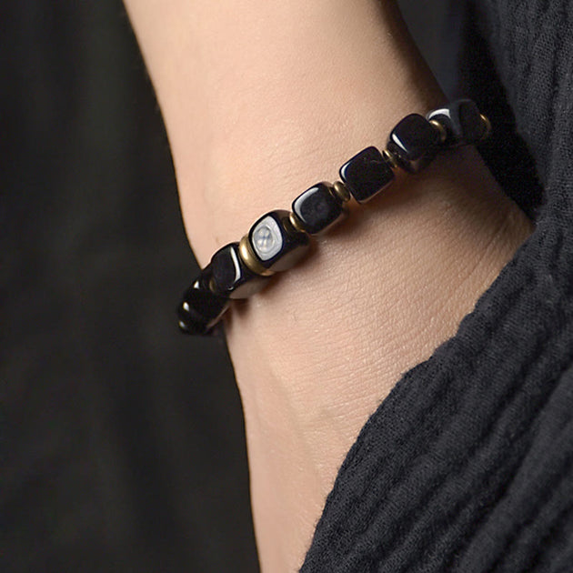 Buddha Stones Black Obsidian Crystal Copper Strength Couple Bracelet - Image 3