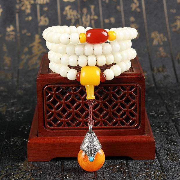 Buddha Stones Tibetan Mala White Bodhi Seed Blessing Bracelet Mala Bracelet BS 1