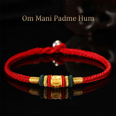 Buddha Stones 999 Gold Om Mani Padme Hum Luck String Couple Bracelet Bracelet BS Red Rope Round Knot Edition 19cm