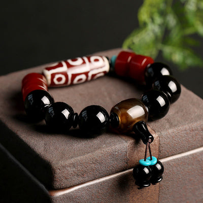 Buddha Stones Tibetan Nine-Eye Dzi Bead Black Onyx Wealth Protection Bracelet Bracelet BS Nine-Eye Dzi Bead