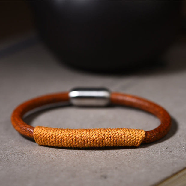 Buddha Stones Tibetan Leather Handmade Five Elements Luck Braid String Buckle Bracelet Bracelet BS Yellow(Earth) 19cm