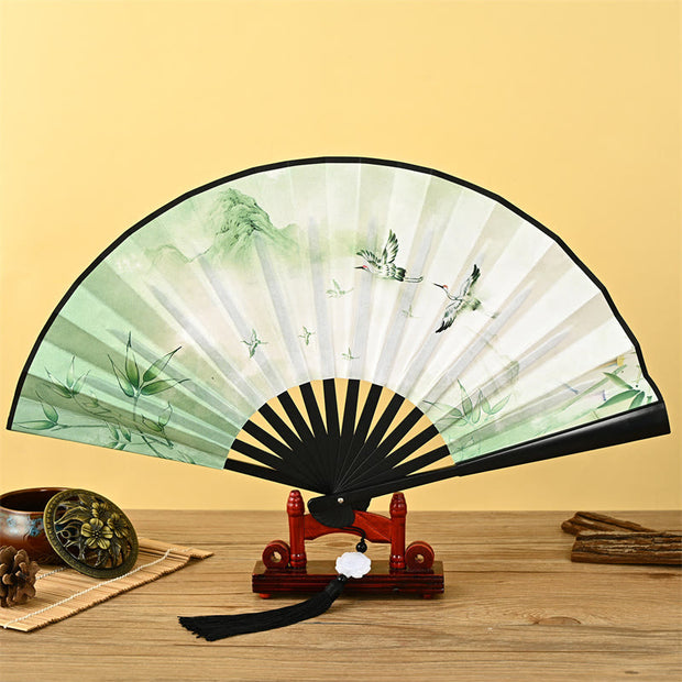 Buddha Stones Vintage Phoenix Nine-Tailed Fox Flower Bamboo Tiger Handheld Silk Folding Fan Lotus Tassel Fan