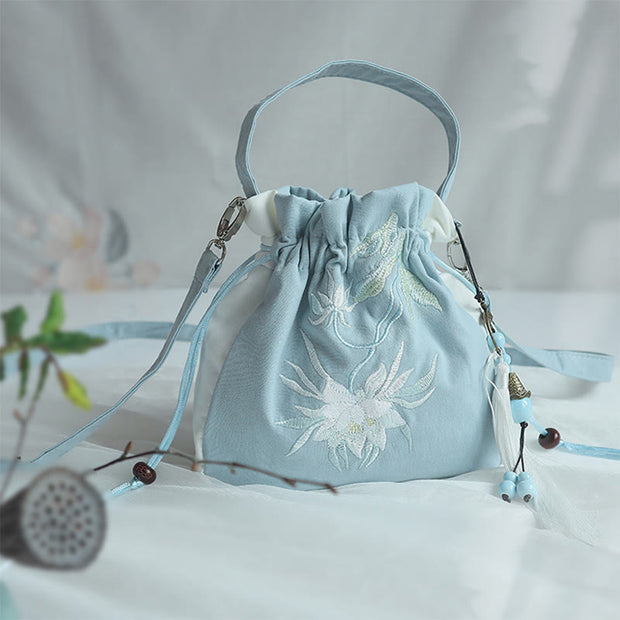 Buddha Stones Handmade Embroidered Flowers Canvas Tote Shoulder Bag Handbag Bag BS Blue White Lotus