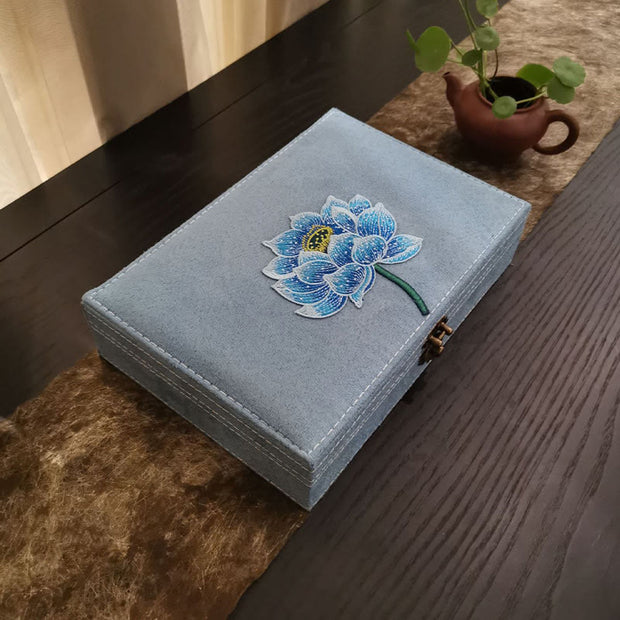 Buddha Stones Lotus Flower Design Jewelry Box Organizer Single Layer Flannel Jewelry Storage Box With Lock