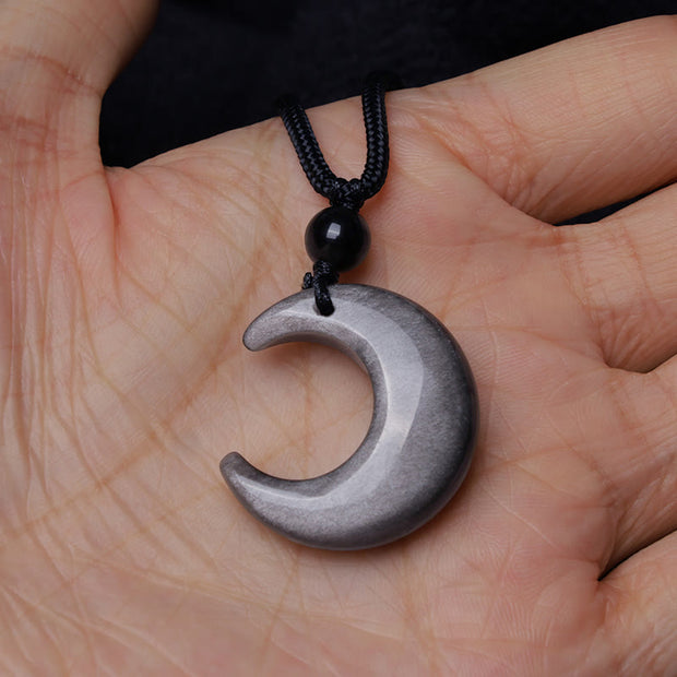 Buddha Stones Natural Silver Sheen Obsidian Selenite Crystal Crescent Moon Yin Yang Couple Protection Necklace Pendant