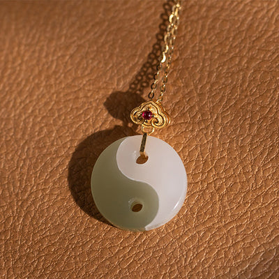 Buddha Stones Yin Yang Jade 18K Gold Luck Prosperity Necklace Pendant Necklaces & Pendants BS Jade