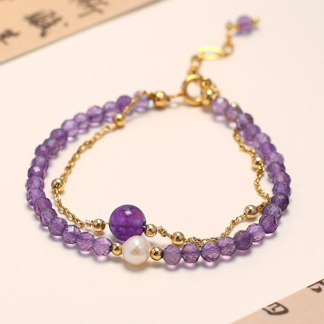 14K Gold Plated Amethyst Crystal Healing Double Layer Chain Bracelet