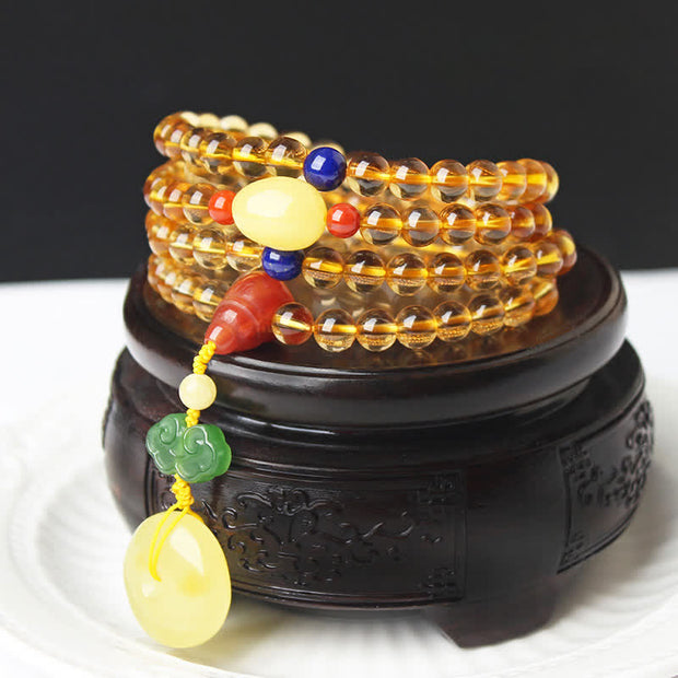 Buddha Stones 108 Mala Beads Natural Citrine Amber Peace Buckle Red Agate PiXiu Protection Charm Bracelet