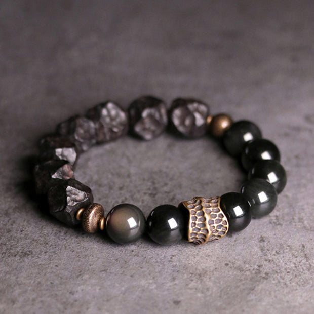 Buddha Stones Black Obsidian Ebony Wood Copper Strength Couple Bracelet Bracelet BS 10